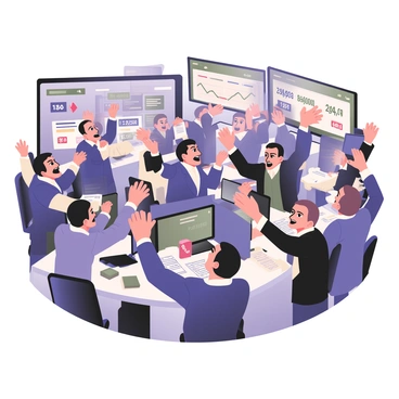 A digital flat illustration depicting a chaotic trading floor filled with numerous traders. The traders are shown in various dynamic poses, shouting and gesturing with their hands in excitement. Some traders have dark hair and are wearing blue blazers, while others have light hair and are dressed in white shirts. In the background, large screens display fluctuating stock prices with bright red and green numbers indicating gains and losses. The floor is crowded with desks, papers, and digital devices. A sense of urgency and activity permeates the scene as traders communicate fervently.