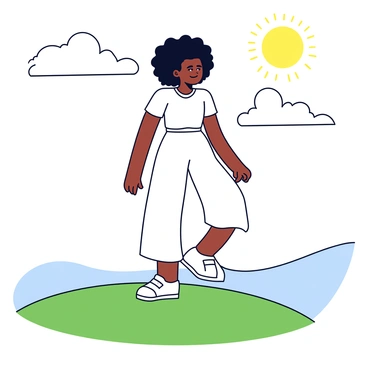 A black woman standing on a grassy hilltop. She has voluminous afro hair that is gently blowing in the wind. The woman is wearing a flowing white dress that billows lightly around her legs. Her arms are relaxed at her sides, and she has a serene expression on her face, gazing into the distance. The sky above is clear with a few fluffy white clouds. The sun casts a warm glow over the scene, highlighting the curves of the hill.
