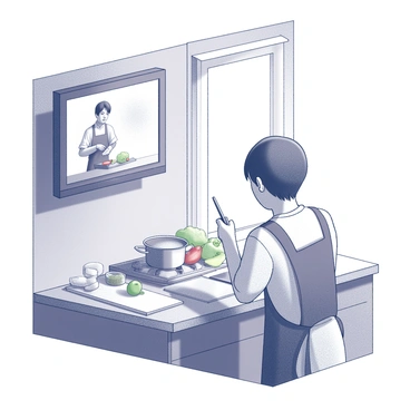 A kitchen corner featuring a small television mounted on the wall. The TV screen displays a "cooking show" with a chef demonstrating a recipe. In front of the TV, a person is engaged in meal preparation, wearing an apron and holding a knife in one hand. The countertop is cluttered with various ingredients, including vegetables and seasonings. A pot sits on the stove, and there is a cutting board placed nearby, indicating active cooking taking place. Bright light filters in through a window, illuminating the scene.