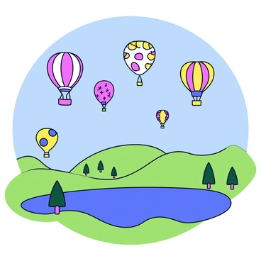 A vibrant hot air balloon festival with multiple hot air balloons in various colors and patterns soaring high in the sky. Each balloon has a unique design, including stripes, polka dots, and whimsical shapes. Below, a picturesque landscape features rolling green hills, a serene lake reflecting the colorful balloons, and a few scattered trees. The sky is a clear blue, providing a stunning backdrop for the festival.