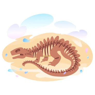 An ancient fossil, resembling the skeletal remains of a large dinosaur, is partially buried in fine golden desert sand. The fossil's texture shows intricate details of the bones, with some sections protruding above the surface. Surrounding the fossil, the undulating sand dunes create a natural frame, with a few small stones scattered nearby. The sky above is clear, with a gradient of soft pastel colors transitioning from pale orange to light blue, reflecting a tranquil atmosphere in the desert environment.