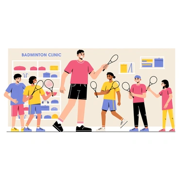 A brightly lit store interior features a badminton clinic in progress. A coach, wearing a red shirt and black shorts, demonstrates a swing technique. Surrounding him are several young players, each dressed in colorful athletic wear, holding badminton rackets. One player is practicing footwork while another is observing the coach intently. Shelves stocked with sports equipment and badminton gear line the background. A poster on the wall displays "Badminton Clinic" in bold letters. The atmosphere is energetic and focused, capturing the spirit of learning and sportsmanship.