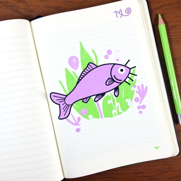 A catfish is prominently featured in the center of an open artist's notebook. The catfish is depicted with elongated whiskers and a smooth, rounded body, showcasing its fins in a lifelike manner. Surrounding the fish, there are faint pencil sketches of water plants and bubbles, adding depth to the scene. The notebook’s pages show visible texture with lines and margins, and there is a pencil lying nearby, hinting at the artist's process. In the background, the edges of the notebook can be seen, framing the detailed sketch of the catfish.