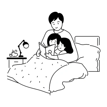 A parent sitting on the edge of a bed, reading a bedtime story from a book held in their hands. The parent has short hair and is wearing a comfortable sweater. The child, a young girl with long hair, is nestled against the parent, wearing pajamas. They are both snuggled under a thick blanket with a simple pattern. The room has a cozy atmosphere with a soft pillow in the background and a small nightstand holding a clock and a toy. A warm lamp casts a soft light over the scene, illuminating their faces as the parent reads.