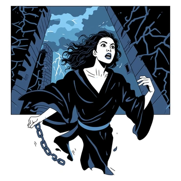 A dark-haired woman with wild, curly hair is depicted in the midst of a dramatic escape from a prison with towering, imposing stone walls. She is wearing tattered black robes that billow around her as she moves swiftly. The sky above is filled with dark, swirling clouds, and flashes of lightning illuminate the scene. Rain pours down around her, creating a sense of urgency. In her hand, she clutches a broken iron chain that once bound her, signifying her newfound freedom. Shadows play across her face, emphasizing her fierce expression as she looks back at the prison, a mix of determination and defiance in her eyes.