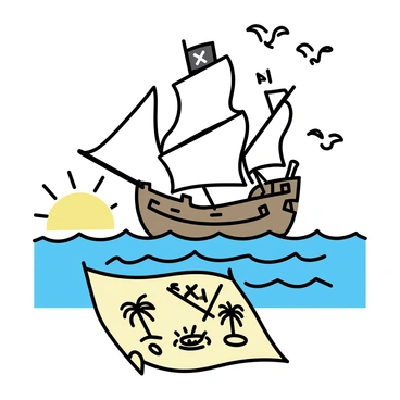 A pirate ship with billowing white sails is sailing on deep blue waves, the ship's wooden hull detailed with cannons and pirate flags. The ship is tilted slightly as it navigates through the waves, creating a dynamic sense of movement. In the foreground, a weathered treasure map is unfurled on the ship's deck, featuring illustrations of islands, palm trees, and an "X" marking the treasure's location. Seagulls fly overhead, and the sun is partially visible in the background, hinting at a vast ocean beyond.