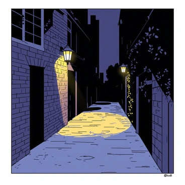 A narrow alley is lined with brick walls, partially covered in creeping vines. The ground is uneven with cobblestones glistening slightly in the dim light. Flickering street lamps cast a warm, yellow glow, illuminating pools of light where shadows dance along the walls. In the background, darker shadows loom, hinting at unseen figures or objects. The atmosphere is thick with intrigue, inviting curiosity about what lies beyond the reach of the lamp's light.