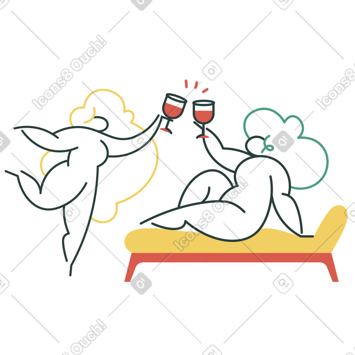 Donne che tintinnano tra loro i bicchieri di vino illustrazione in stile Macaroni scarica in PNG, SVG