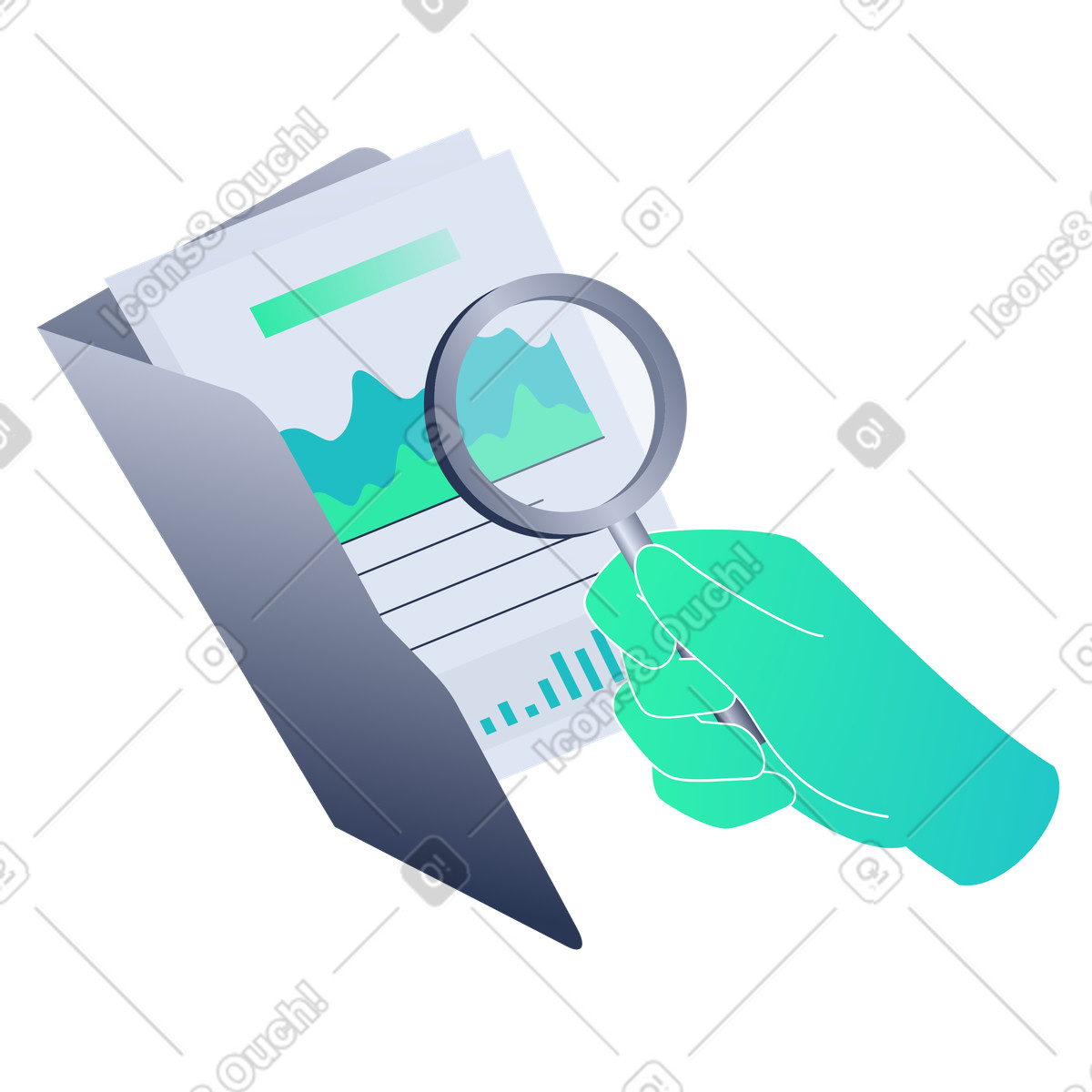 An&aacute;lisis de informes financieros con lupa animated illustration in Lucent style download in GIF, Lottie (JSON), AE