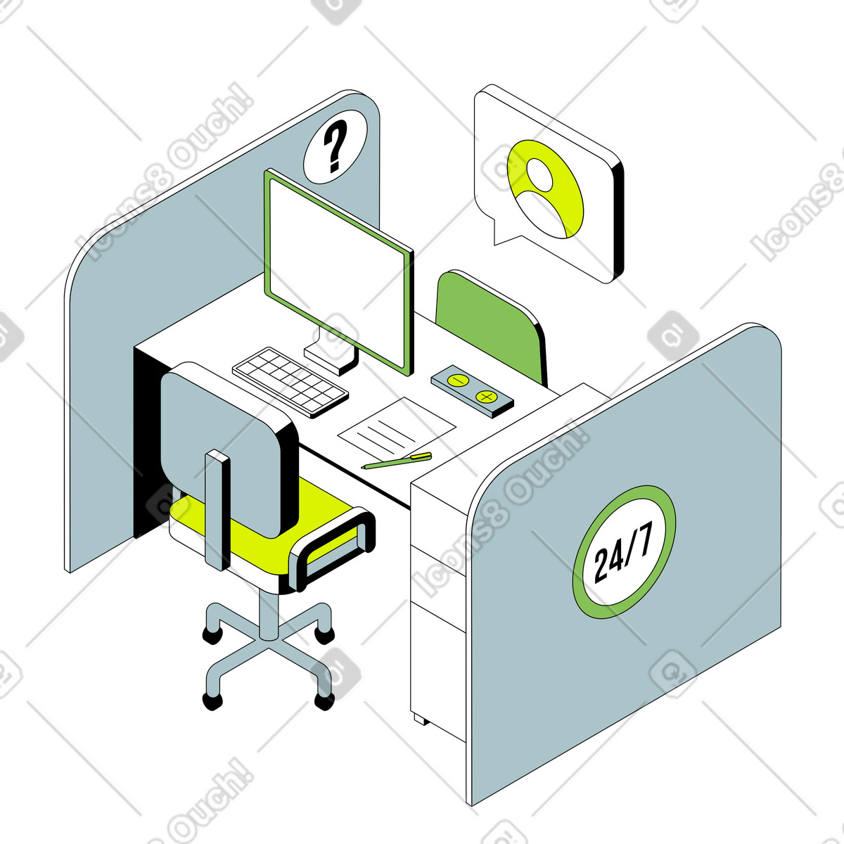 下载 Isometric 风格的 办公室的客户服务工作场所 插画，支持 PNG、SVG 格式