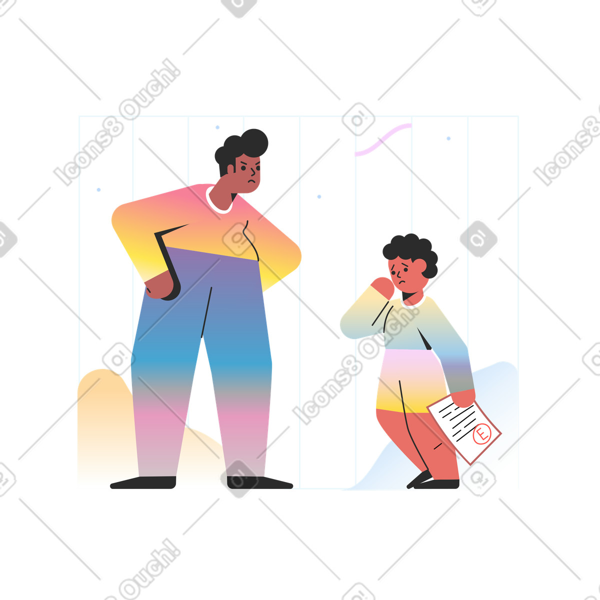 Ilustración Papá enojado con su hijo por una mala nota en estilo Marginalia a descargar en PNG y SVG