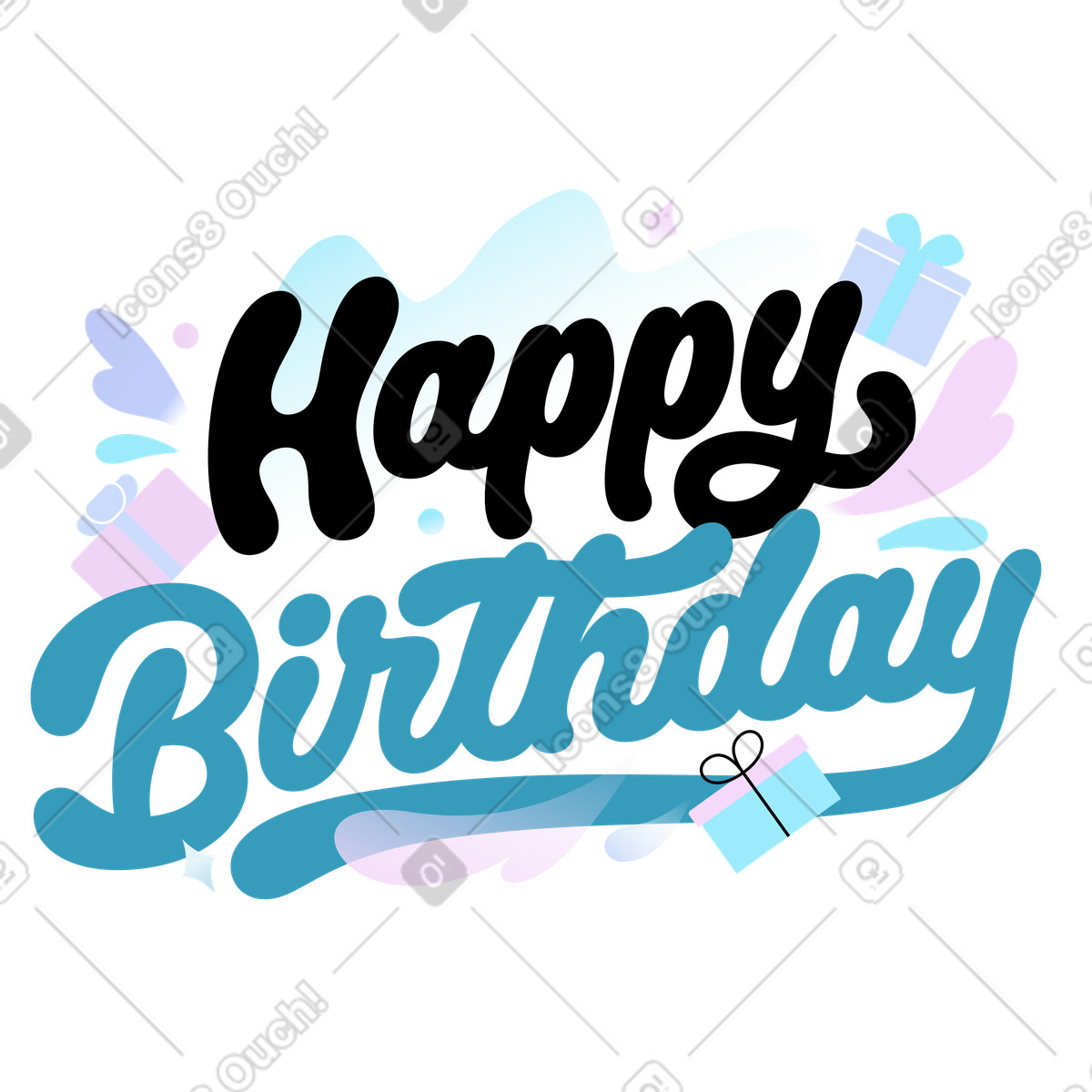 Decorative Happy Birthday text with floating gifts, Digital greeting or celebration post illustration in Airy style download in PNG, SVG