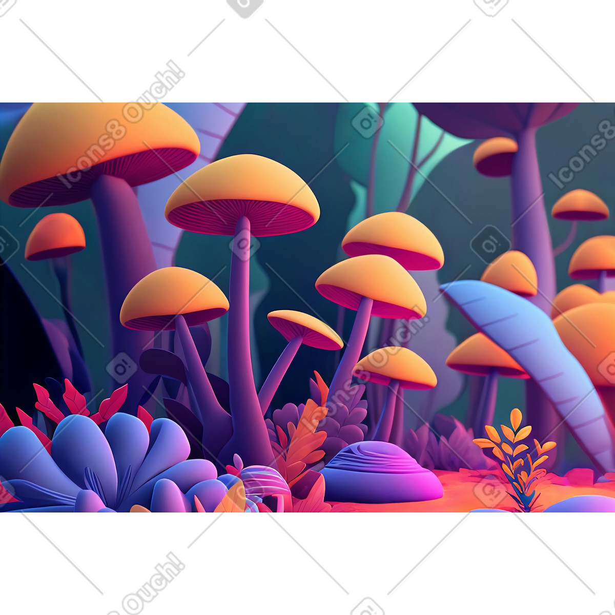下载 Experimental 风格的 3d动画片森林与蘑菇 插画，支持 PNG、SVG 格式