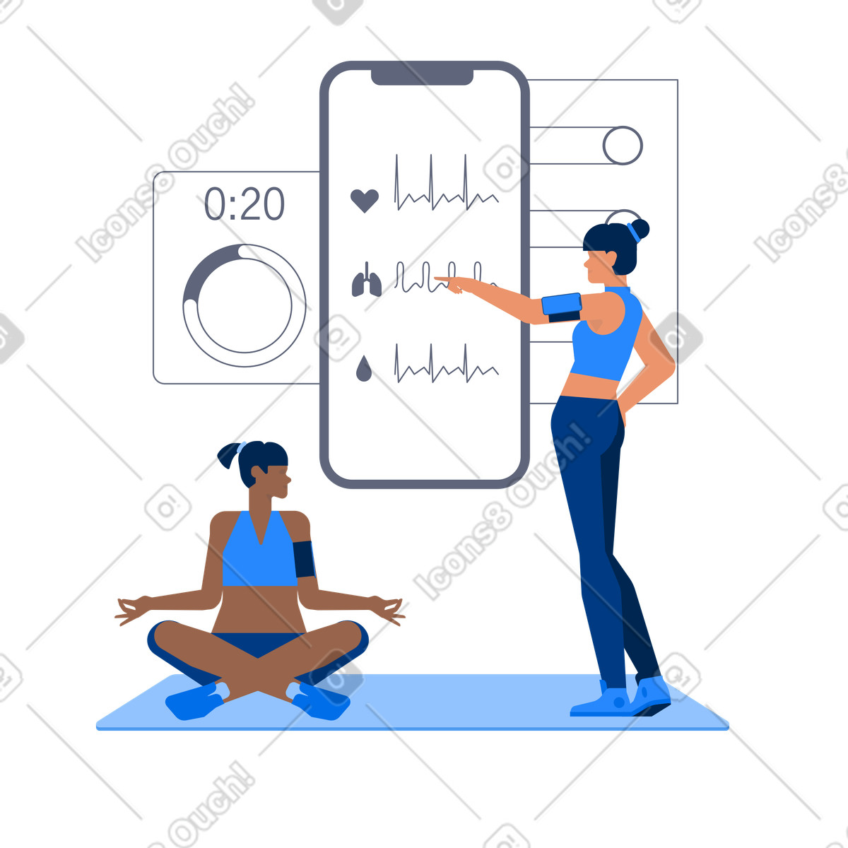 Illustration Femmes en vêtements bleus faisant de l'exercice avec des trackers fitness dans le style Urban à télécharger aux formats PNG, SVG