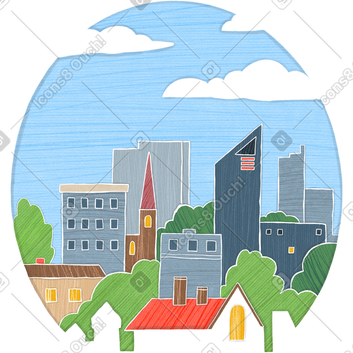 Urban landscape in a rounded frame illustration Crafty style download PNG, SVG