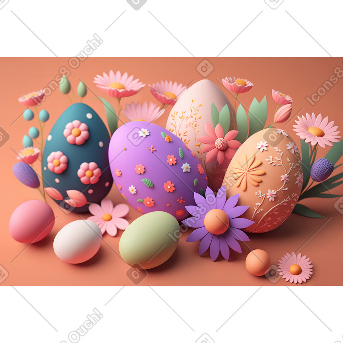 Ilustración 3D easter eggs with flowers background en estilo Experimental a descargar en PNG y SVG