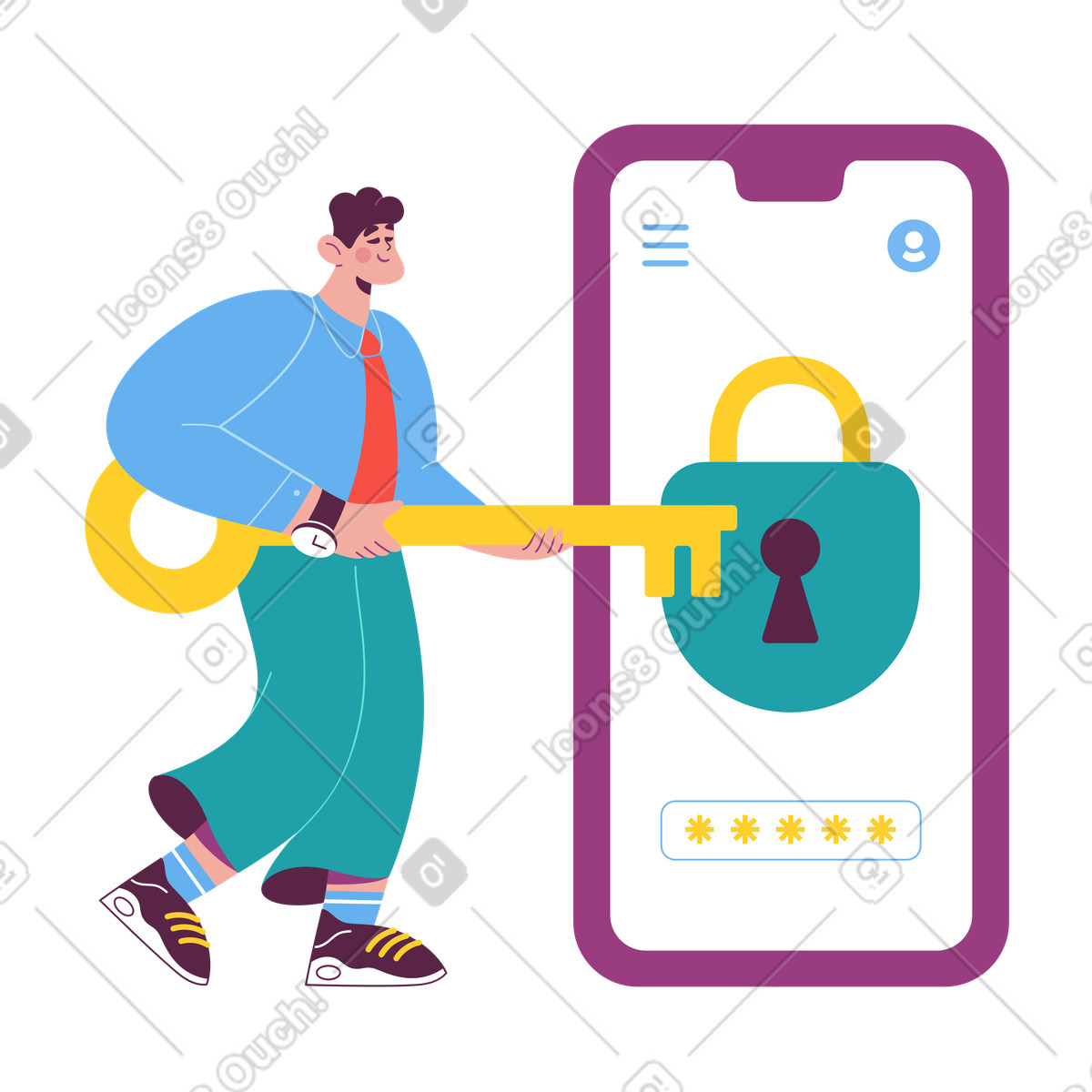 Man holds a key and opens the lock on his cell phone illustration in Sammy style download in PNG, SVG