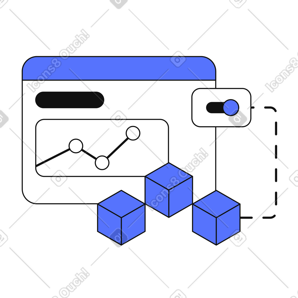 Analytics interface monitoring blockchain network performance with adjustable settings toggle-Illustration im Main-Stil als Download in PNG, SVG