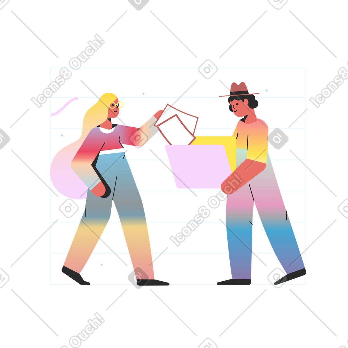Ilustración Mujer colocando archivos en una carpeta de archivo estilo Marginalia a descargar PNG y SVG