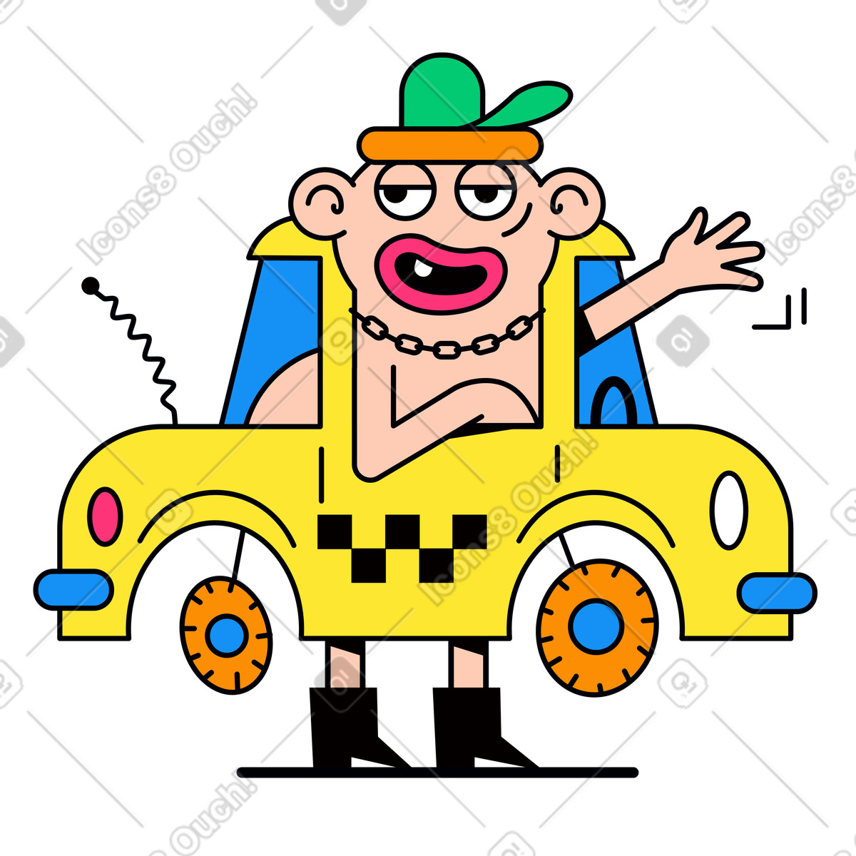Car driver offering taxi services illustration in Droll style download in PNG, SVG