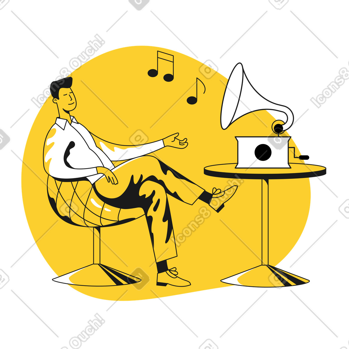 Ilustração de Listening to gramophone in modern setting, Leisure and music appreciation em no estilo Taxi para baixar em PNG, SVG