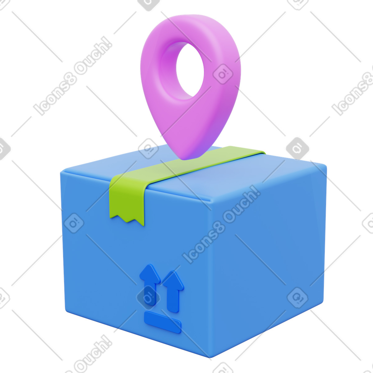 Illustration Shipment location tracking concept with map pin on cardboard box dans le style 3D Playful à télécharger aux formats PNG, SVG