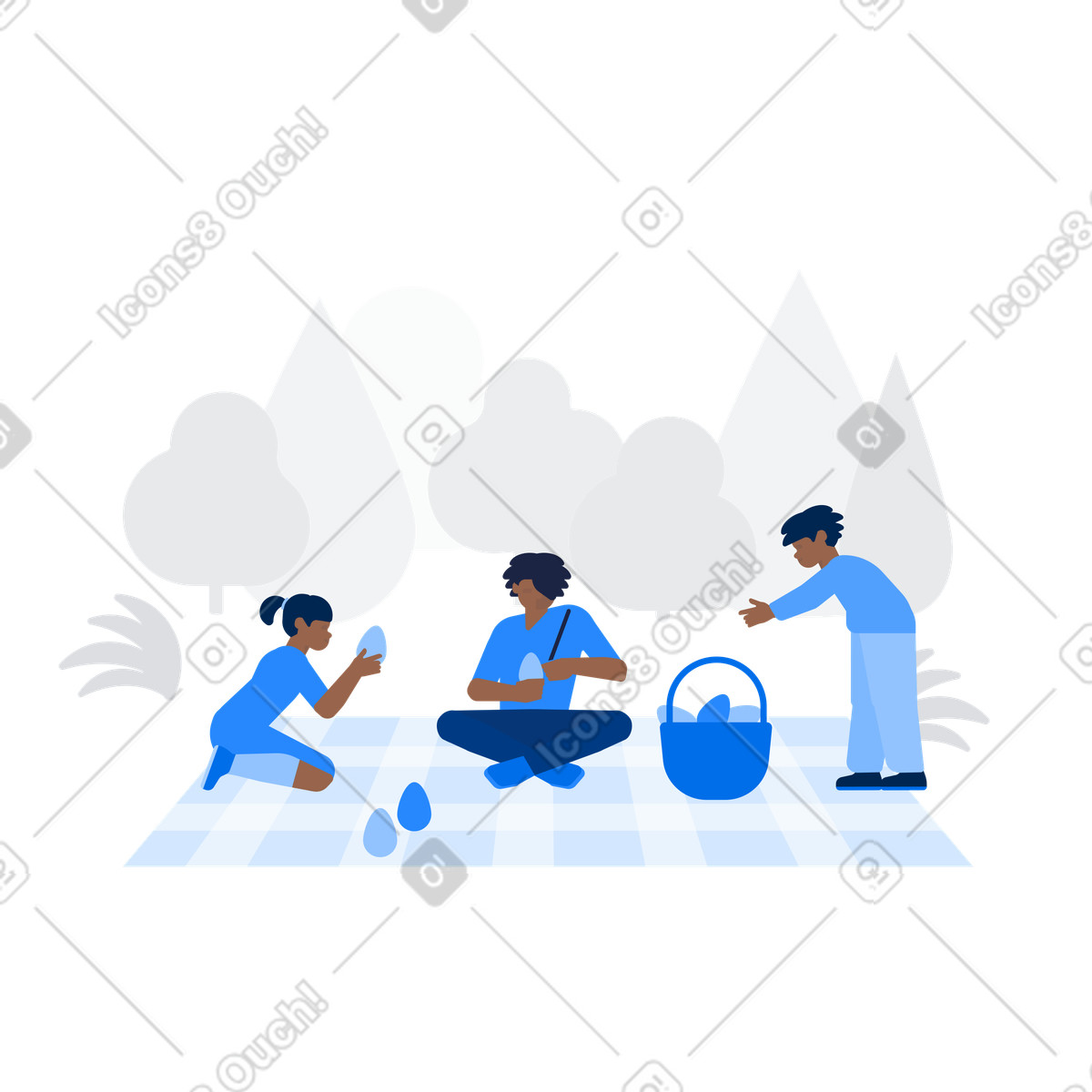 Иллюстрация Family painting Easter eggs on picnic blanket, Spring outdoor activity в стиле Urban — скачать в форматах PNG, SVG