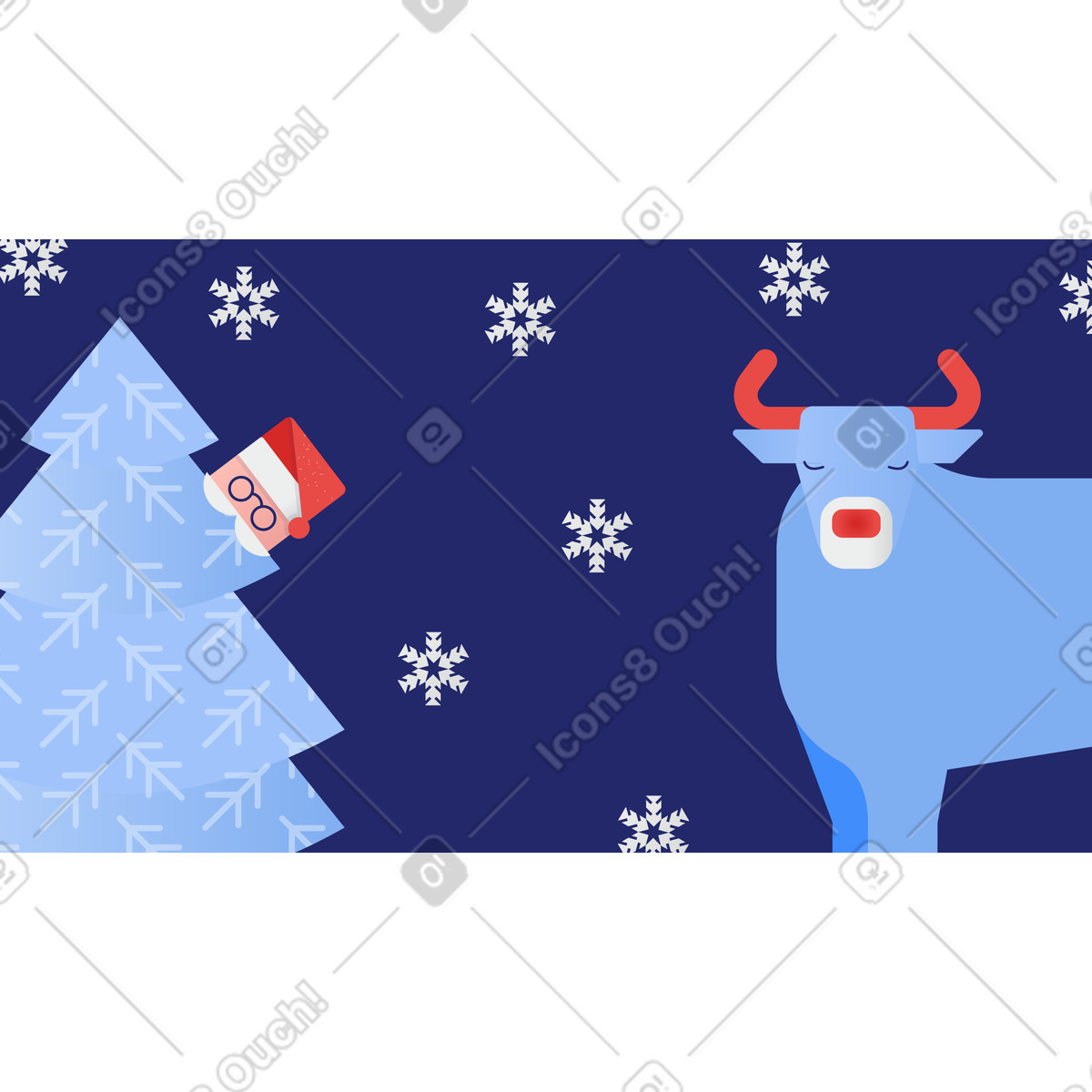Santa peeking from Christmas tree with ox, card or seasonal greeting illustrazione in stile Clip scarica in PNG, SVG