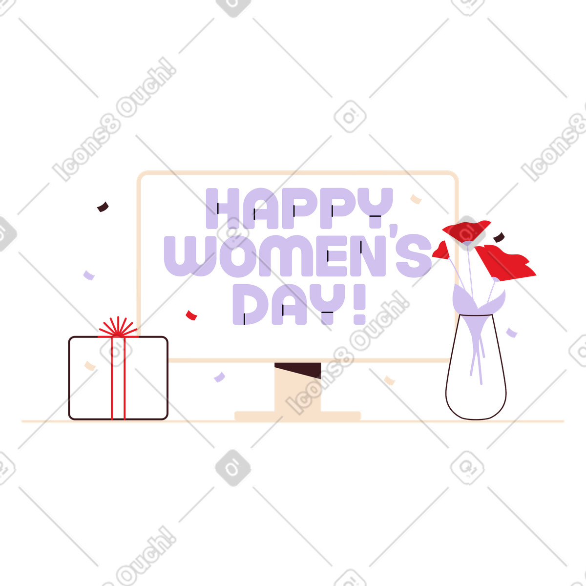 Ilustração de Happy women's day text on screen with flowers and gift, international greeting em no estilo Folks para baixar em PNG, SVG