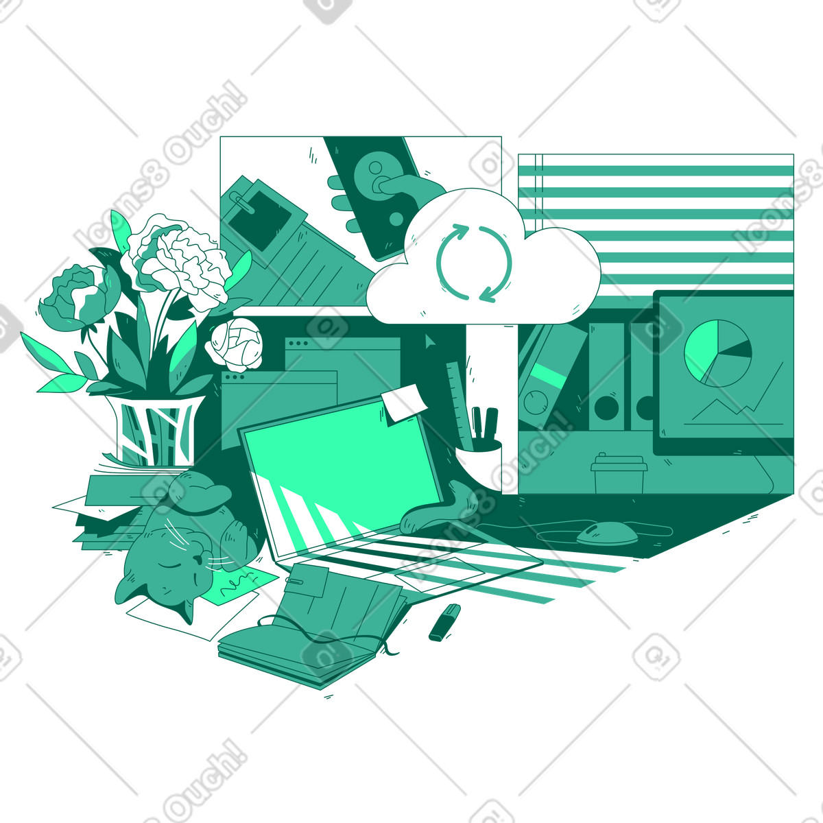 Lavoro ibrido, analisi, da remoto, risparmio nel cloud illustrazione in stile Storyline scarica in PNG, SVG