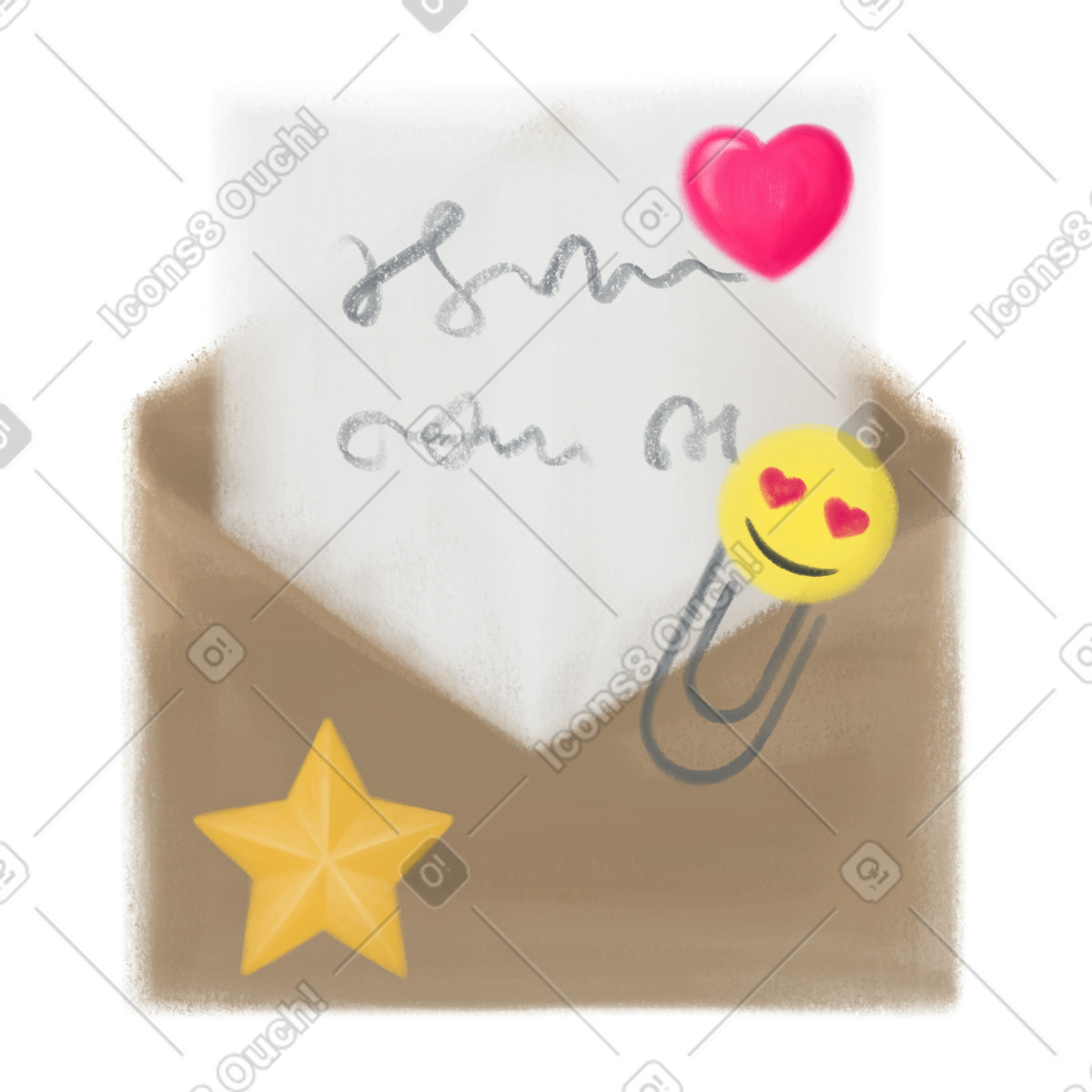 Briefumschlag, büroklammer und aufkleber-Illustration im Mushy-Stil als Download in PNG, SVG