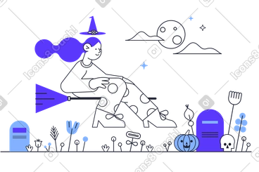 묘지 위를 날고 있는 빗자루를 탄 할로윈 마녀 PNG, SVG