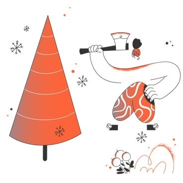 A Christmas tree and whimsical holiday characters - Crayon style illustration