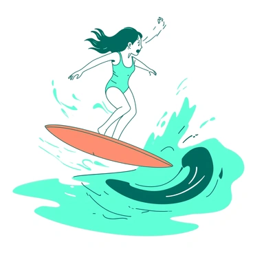 A teal surfer girl is leaping off her orange surfboard, sending droplets of water splashing around her in all directions. The ocean waves are crashing beneath her, creating a dynamic scene of movement. The girl's hair is flowing in the air as she jumps, and she is wearing a bright swimsuit that matches her surfboard. The sunlight glimmers on the water's surface, enhancing the vibrant action of the moment.