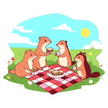 A group of prairie dogs is gathered on a green patch of grass in the sunny open prairie. Each prairie dog is sitting upright, with some nibbling on tiny sandwiches placed on a checkered red and white picnic blanket. One prairie dog is holding a small cup in its paws, while another is reaching for a sandwich. The sun is shining brightly in a clear blue sky, and a few fluffy white clouds can be seen in the distance. A few wildflowers are scattered around the blanket, adding splashes of color to the scene.