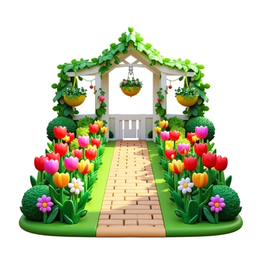 A vibrant flower garden filled with a variety of colorful flowers including tulips, daisies, and roses. The flowers are in full bloom, showcasing a spectrum of colors such as red, yellow, pink, and purple. A well-defined central path made of cobblestones leads through the garden. The path is bordered by lush green grass and small bushes. At the end of the path, there is a charming gazebo with a white wooden structure, adorned with climbing vines and hanging flower baskets. Sunlight filters through the leaves, creating a warm and inviting atmosphere.