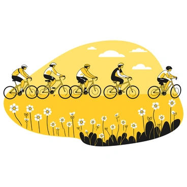A group of bicyclists in dynamic poses racing across an open field. Each cyclist is wearing a helmet and colorful cycling gear. The scene features various bicycles with different designs and styles. In the foreground, vibrant wildflowers in full bloom cover the ground, creating a lively backdrop for the race. The sky above is clear, allowing the sunlight to illuminate the scene. The cyclists are positioned at different distances, emphasizing their speed and competition as they push forward through the field.