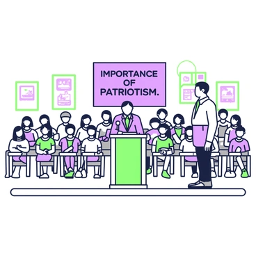 A school assembly is taking place in a spacious gymnasium filled with students seated on benches. At the front, a principal stands at a podium, addressing the crowd. The principal is wearing a formal suit and has a microphone in hand. Behind the principal, a large banner displays the phrase "Importance of Patriotism" in bold letters. In the audience, students of various ages are sitting attentively, some with notebooks open, ready to take notes. On the walls, there are colorful posters related to national symbols and values. The atmosphere is focused, as students listen intently to the message being conveyed.