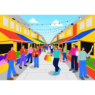 A busy street market filled with colorful stalls displaying a variety of goods. Each stall is adorned with bright awnings in shades of red, blue, and yellow. Shoppers are mingling in the crowd, some holding shopping bags while others examine fresh fruits and vegetables. Vendors enthusiastically call out to attract customers, their faces showing excitement. In the background, strings of lights are hung above the market, adding to the vibrant atmosphere. The ground is paved with cobblestones, and the sun is shining brightly, casting interesting shadows across the scene.