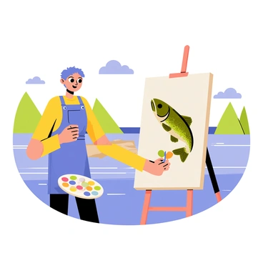 An artist wearing a blue apron is focused on painting a large walleye on a canvas. The artist is using a palette full of vibrant colors, with a brush in hand. The canvas shows the walleye with detailed scales and fins, capturing its iridescent colors. In the background, there is a serene lake scene with gentle ripples on the water's surface, surrounded by lush green trees and a clear blue sky. A few fluffy clouds float lazily above, completing the tranquil atmosphere of the setting.