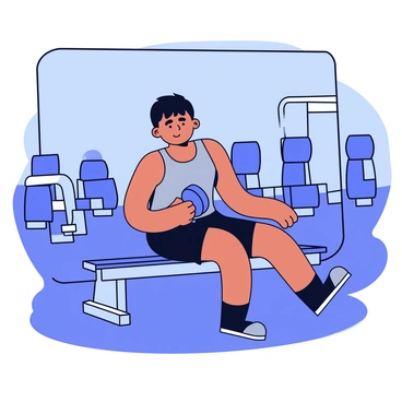 A person performing concentration curls in a dimly lit gym. The individual has short black hair and is wearing a fitted grey tank top and black shorts. They are seated on a bench, with one arm resting on their thigh, holding a dumbbell. The gym has minimal equipment in the background, including a few weight racks and a large mirror reflecting the scene. Soft shadows create a tranquil atmosphere, enhancing the focus on the person's intense expression as they concentrate on their workout.