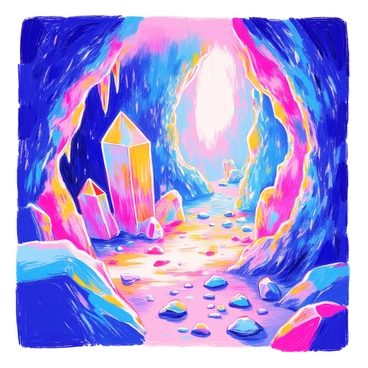 A cave interior showcases an array of large, sparkling crystals protruding from the rocky walls. These crystals catch the light and reflect vibrant colors throughout the space. The cave floor is uneven and scattered with smaller stones, while the walls shimmer with hues of blue, pink, and green from the reflections. Stalactites hang from the ceiling, and a faint glow illuminates the scene, enhancing the enchanting atmosphere of the cave.