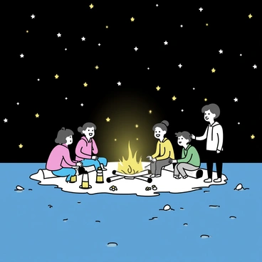 A floating island is surrounded by a dark sky filled with twinkling stars. The island is scattered with glowing lanterns that cast a warm light across its surface. A group of people is gathered around a campfire at the center of the island, sharing stories and laughter. Some of the individuals are sitting on logs while others stand nearby, all dressed in casual outdoor clothing. The glow of the fire flickers against their faces, creating a cozy atmosphere.