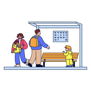 A small group of three people is standing at a bus stop. One person is a woman with short brown hair wearing a red jacket and jeans. The second person is a man with a backpack, dressed in a blue sweater and khaki pants. The third person is a child holding a toy, wearing a yellow raincoat. The bus stop features a simple shelter made of metal, with a transparent roof and a wooden bench. Above the bench is a schedule sign displaying bus times. The background is minimal, emphasizing the bus stop and the waiting people.
