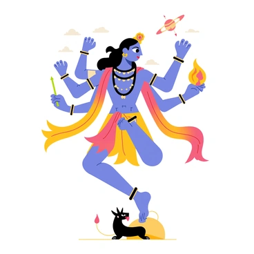 Shiva as Nataraja, depicted in a dynamic dance pose, is surrounded by vibrant flowing garments that swirl around him. His right leg is raised high, while his left foot is firmly planted on a small demon figure beneath him. His multiple arms extend outward, showcasing various symbolic items such as a drum and fire. The expression on his face conveys the energy of the dance, while his hair flows dramatically, giving a sense of motion. The backdrop features stylized clouds and celestial bodies, enhancing the atmosphere of divine celebration.