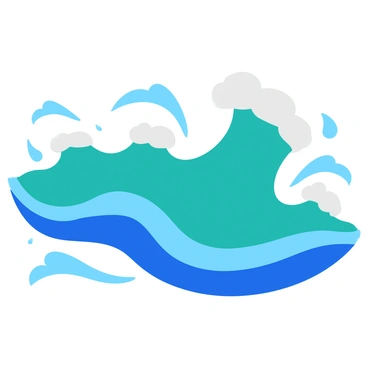 A vibrant illustration of water with flowing waves and splashes. The waves are depicted in various shades of blue and turquoise, rolling gracefully. Each crest of the wave showcases white foam, capturing the dynamic movement of the water. Splashes are illustrated as droplets that catch the light, creating sparkles throughout the image. The scene conveys a sense of motion and energy, with smooth curves and sharp splashes interconnected to portray the fluidity of water.