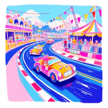 Brightly colored cars are racing around a winding track. Each car features a unique vibrant color and design, with shiny surfaces reflecting the bright lights of the carnival. The track is surrounded by festive decorations, including colorful balloons and banners fluttering in the breeze. In the background, there are bustling carnival booths offering treats like cotton candy and popcorn. Excited spectators are cheering from the sidelines, adding to the lively atmosphere of the scene.