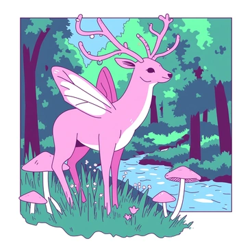 A pink fantasy creature with the body of a deer, adorned with the wings of a butterfly, stands gracefully among tall, vibrant green grass in a mystical forest. Its antlers are intricately shaped like twisting vines, with small, glowing orbs hanging from the tips. Surrounding the creature are oversized, colorful mushrooms, and delicate flowers that emit a soft light. Sunlight filters through the thick canopy of lush trees, creating dappled patterns on the forest floor. In the background, a gentle stream flows, reflecting the enchanting atmosphere of the setting.