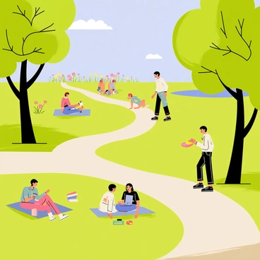 A city park in Fulda featuring lush green grass and large leafy trees providing ample shade. Several people are sitting on picnic blankets, enjoying their time with friends and family. A couple of children can be seen playing with a colorful frisbee nearby. Some people are walking along a winding path that cuts through the park, while others are lounging on benches reading books. The sky is clear and blue, with a bright sun shining down, casting soft shadows on the ground. A small pond is visible in the distance, surrounded by flowers in bloom.