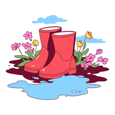 A pair of red rain boots is positioned next to a puddle. The puddle reflects the blue sky above, adorned with a few fluffy white clouds. Surrounding the puddle, vibrant pink and yellow flowers bloom, adding color to the scene. The rain boots are glossy, showcasing their bright hue against the earthy ground. The puddle captures the flowers' colors and the sky, creating a mirrored effect.